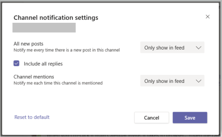 Microsoft Teams notification settings screen with per-team and per-channel notification options and message preview controls