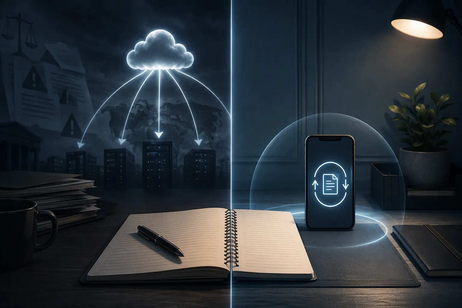 Split view of cloud AI data flowing to remote servers beside local device processing in a protected workspace