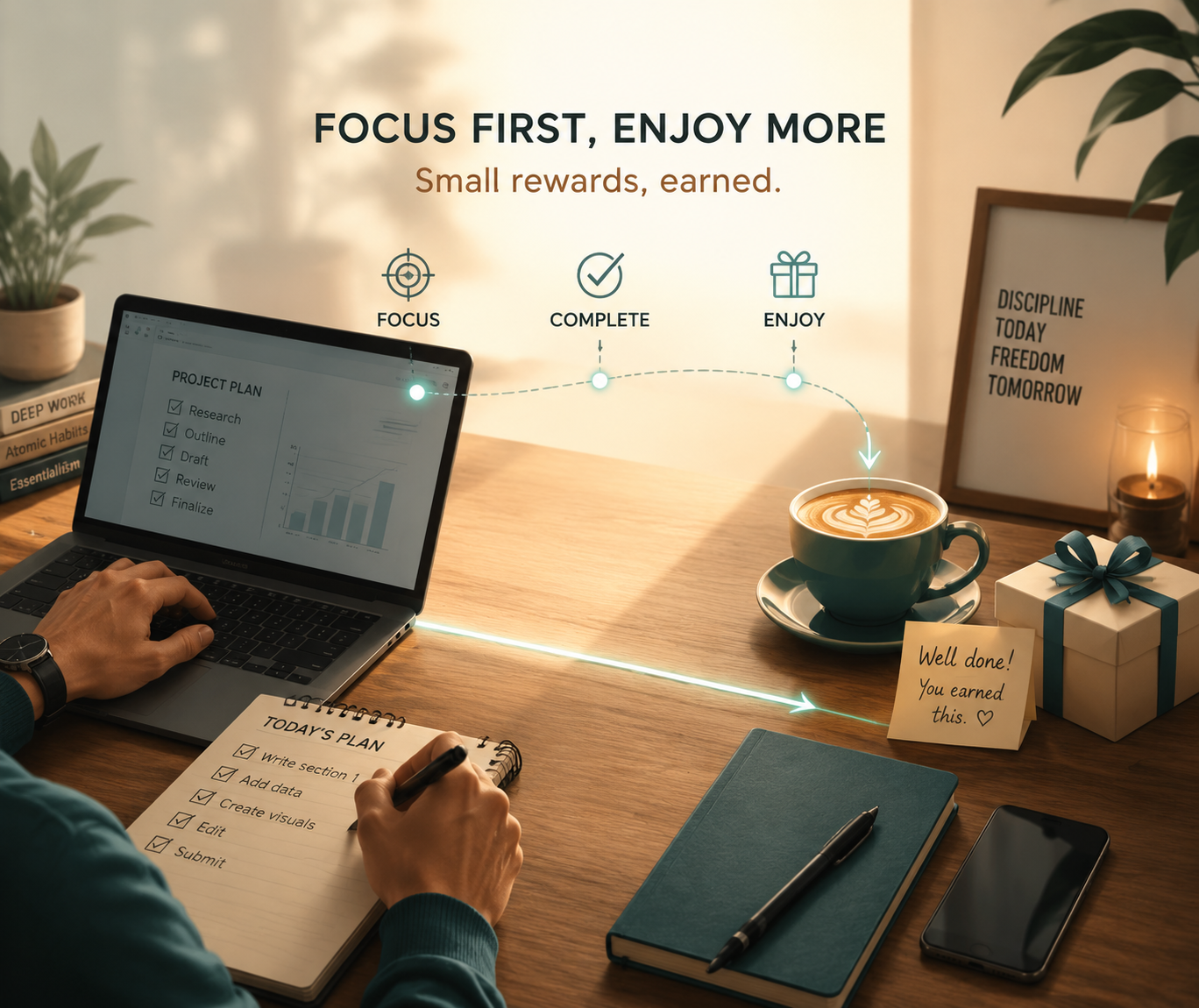 Hands working on a laptop with coffee nearby, showing a small earned reward connected to productive action