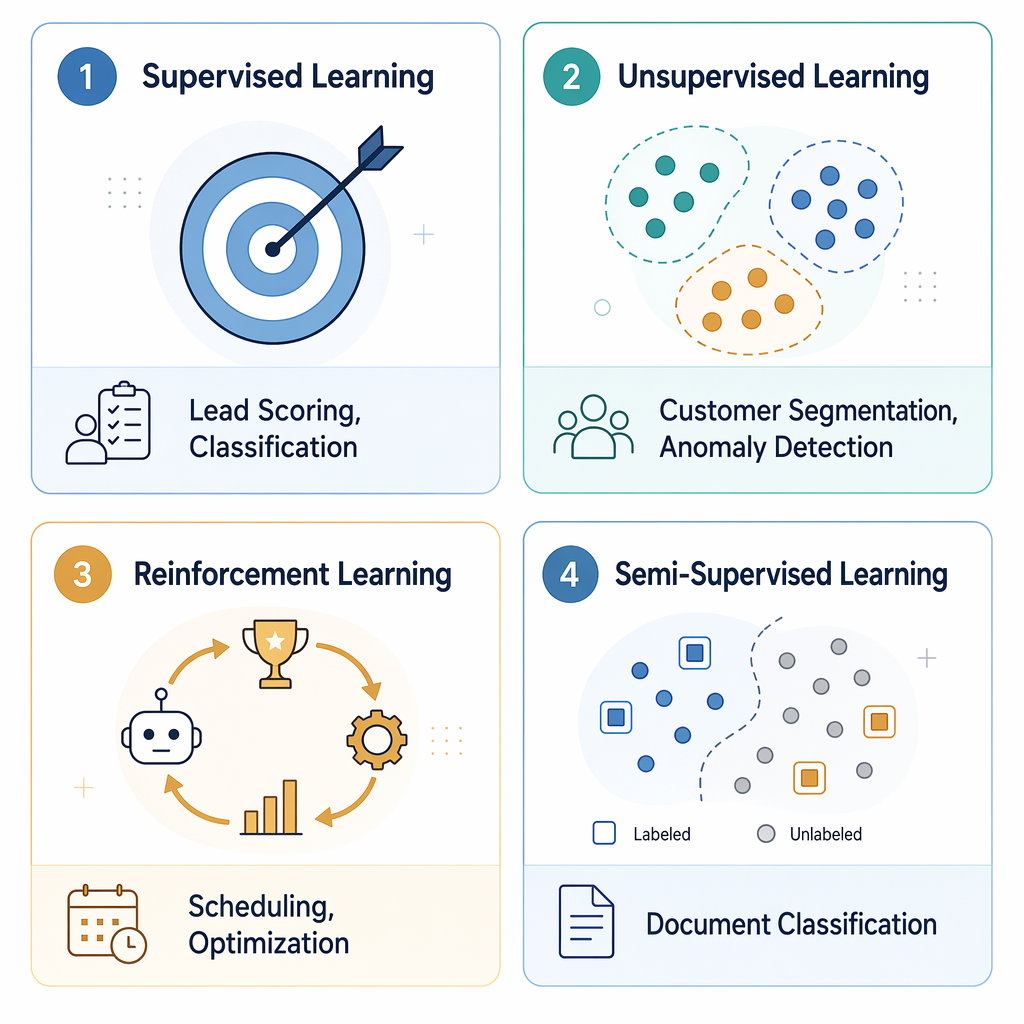 Four-panel infographic mapping supervised, unsupervised, reinforcement, and semi-supervised learning to specific automation use cases.