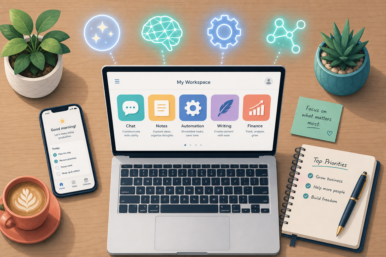 A clean flat-lay top-down illustration of a wooden desk workspace with a laptop, smartphone, coffee cup, succulent, and notebook, surrounded by glowing AI icons.