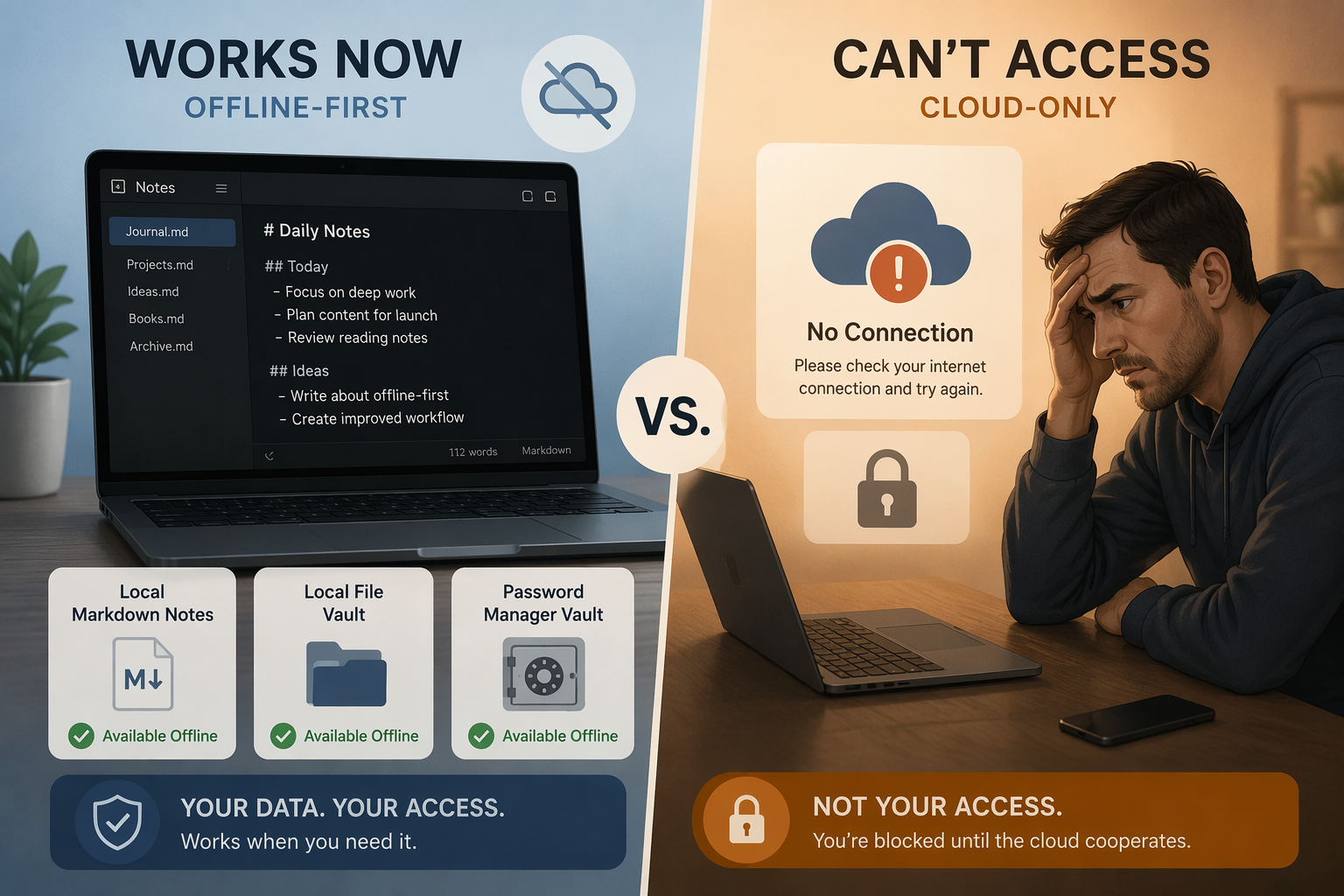 Comparison of offline-first productivity with local notes and password manager versus cloud-only files locked behind disconnected services