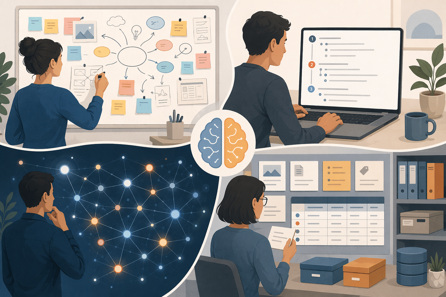 Four thinking styles shown as visual canvas, linear outline, networked graph, and structured database