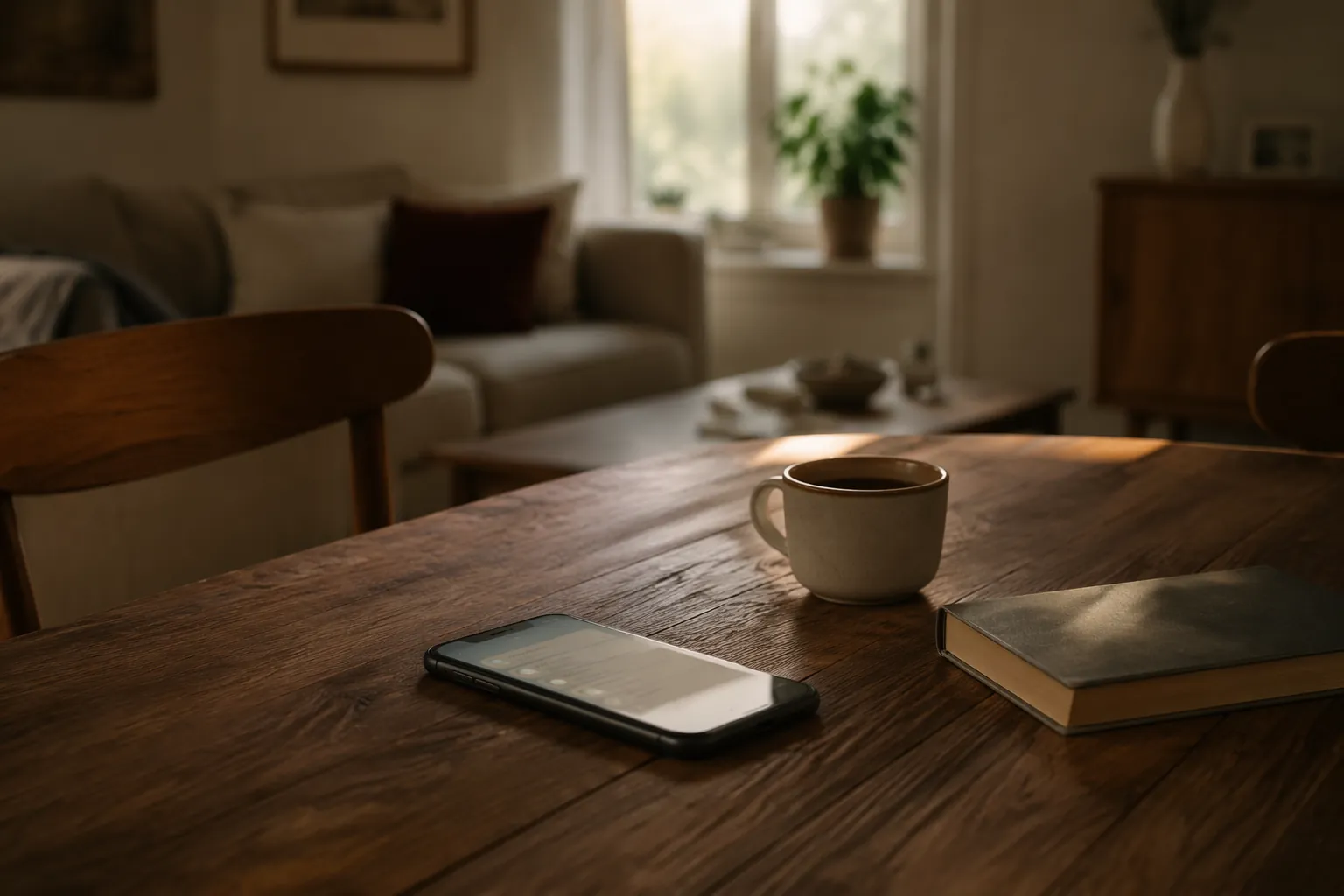 Smartphone glowing on a wooden table beside tea and a closed book in a quiet living room