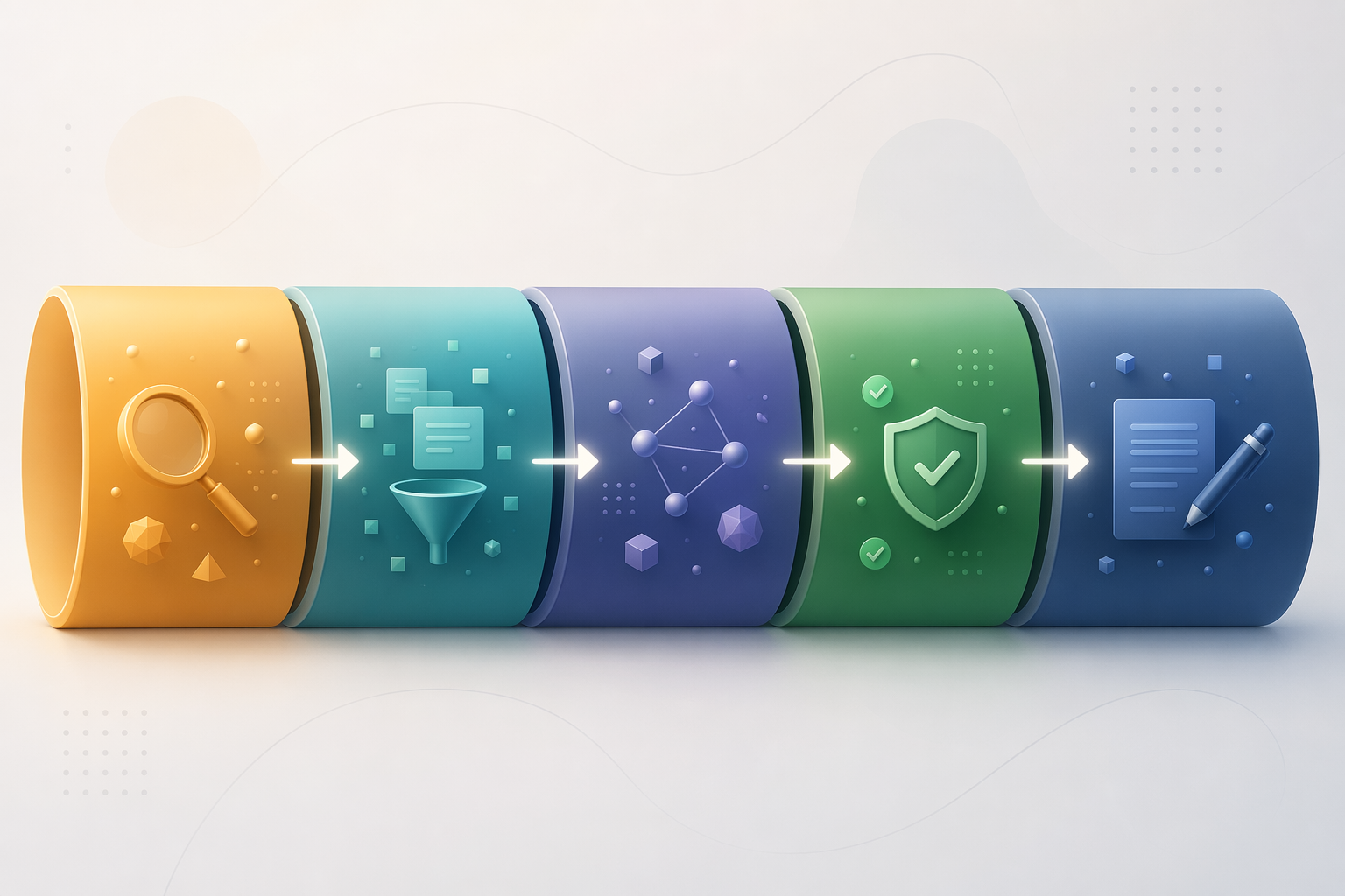 Color-coded research workflow pipeline with five connected phases