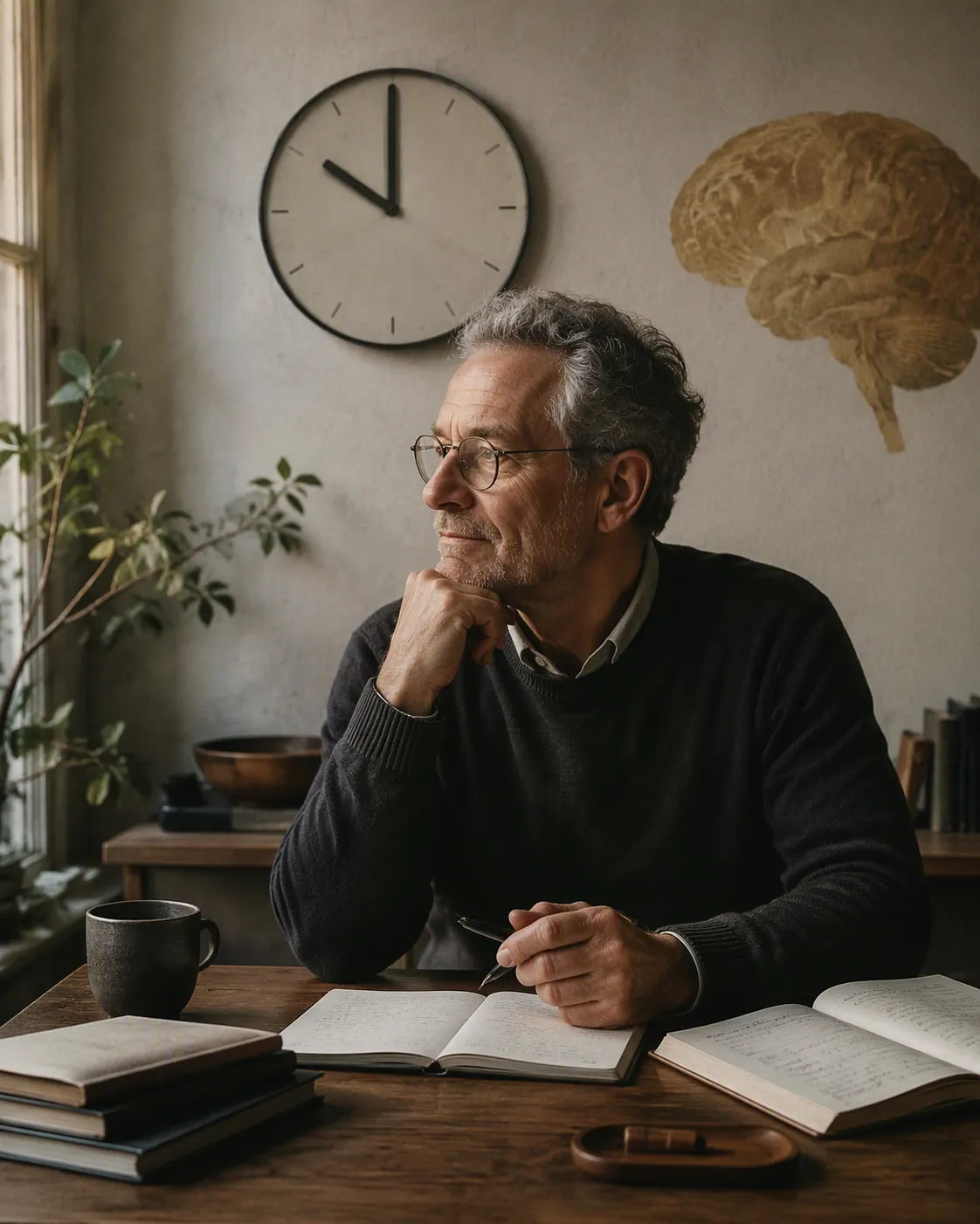 Older knowledge worker at a wooden desk in morning light with notebooks, a fountain pen, a 10am clock, and a warm brain silhouette