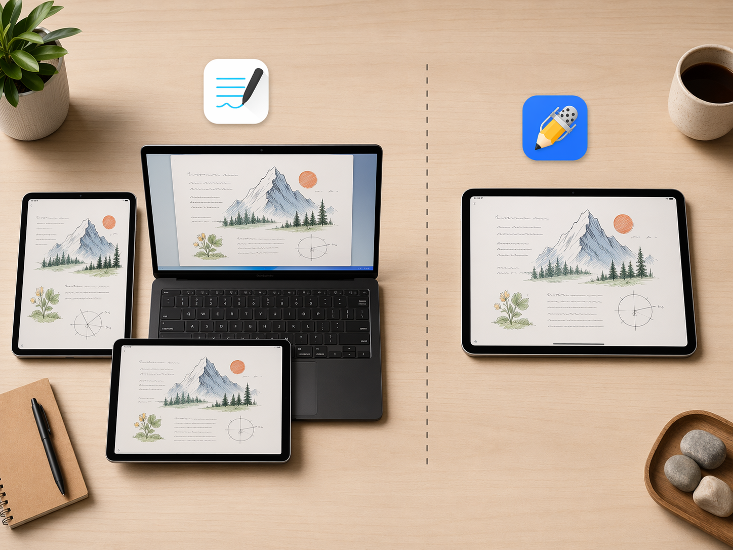 GoodNotes shown across iPad, Windows laptop, and Android tablet while Notability is shown on iPad only