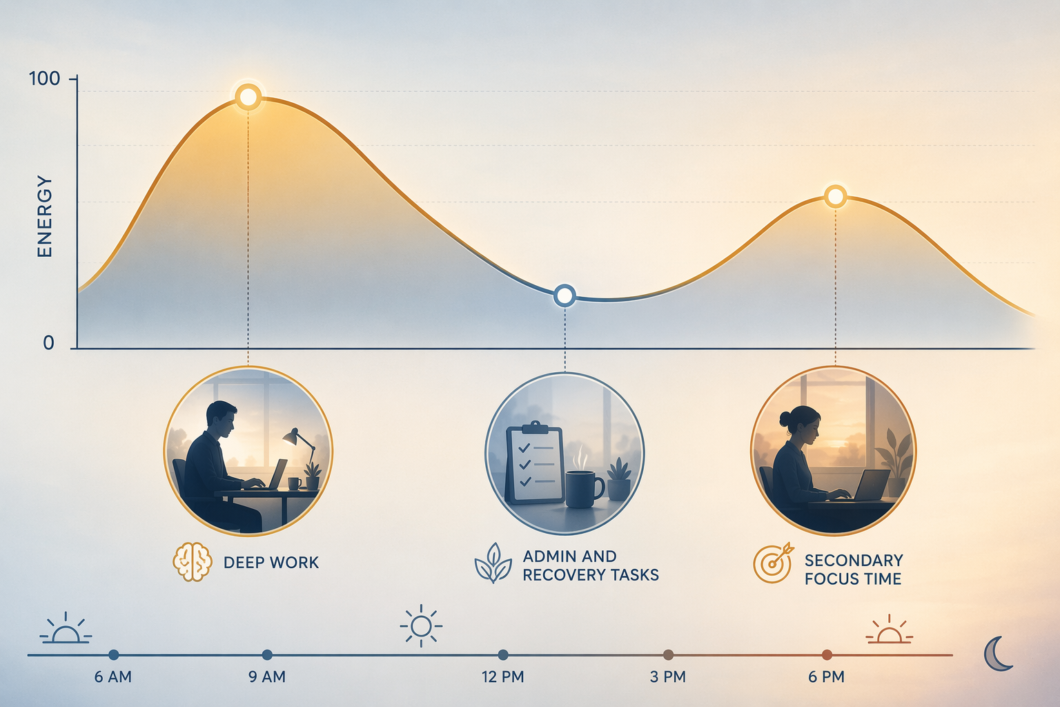 Abstract energy curve across a workday showing deep work peaks and administrative task dips