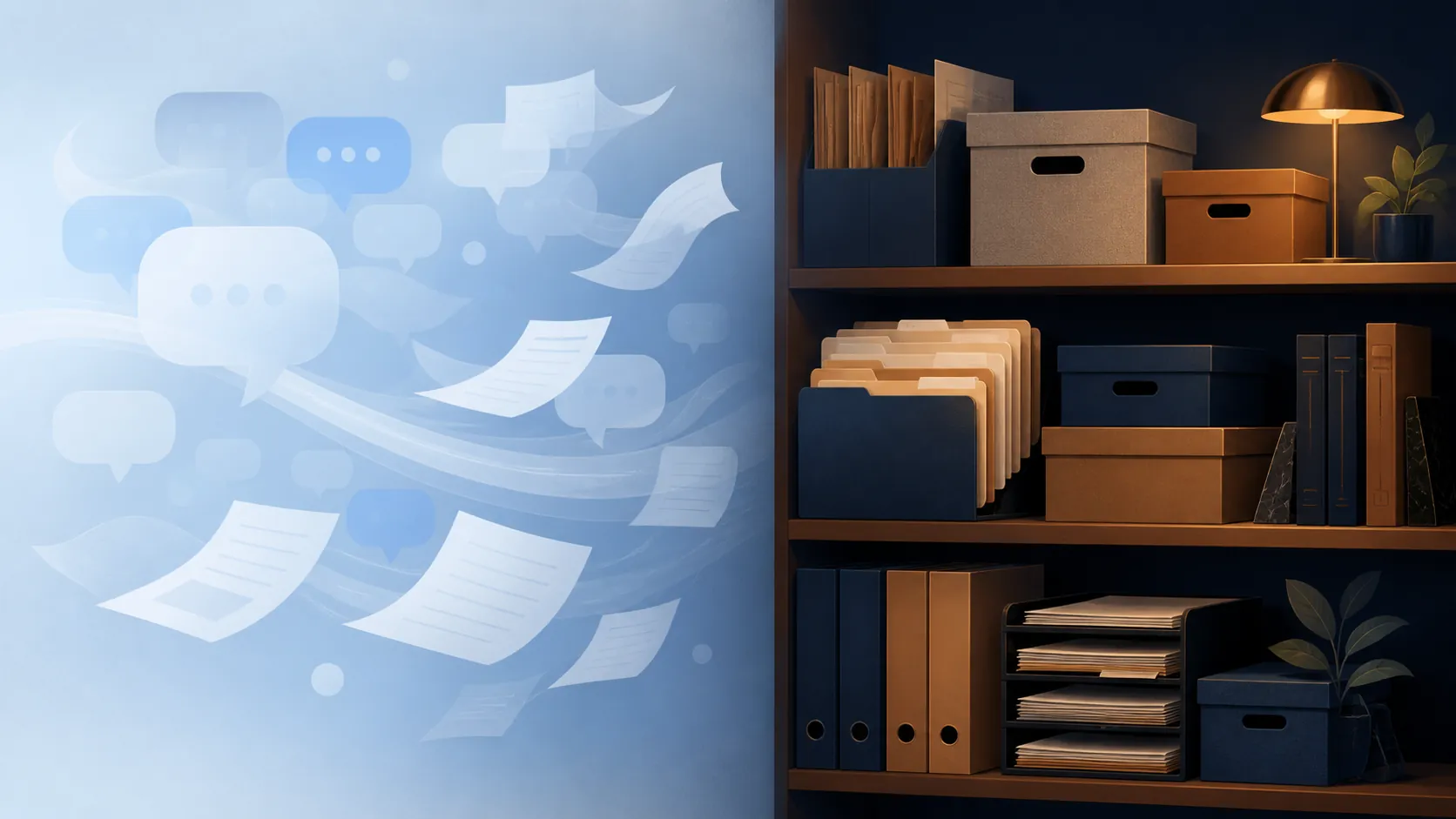 Split illustration contrasting fast chat capture with an orderly owned archive