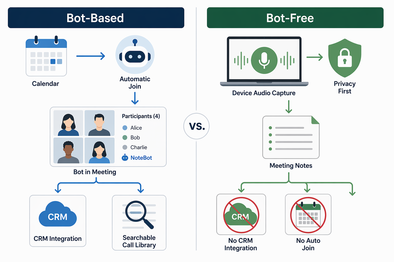Workflow comparison showing bot-based calendar joining and CRM flow beside bot-free device capture and notes output
