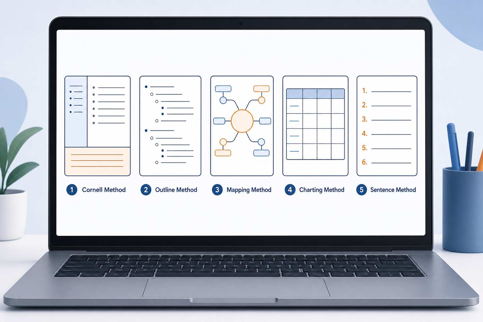 An editorial illustration comparing five classic note-taking method layouts in a horizontal row on a laptop screen: Cornell Method with a three-section page, Outline Method with hierarchical indented bullets, Mapping Method with a central node and branching connections, Charting Method with a table grid, and Sentence Method with sequential numbered lines.
