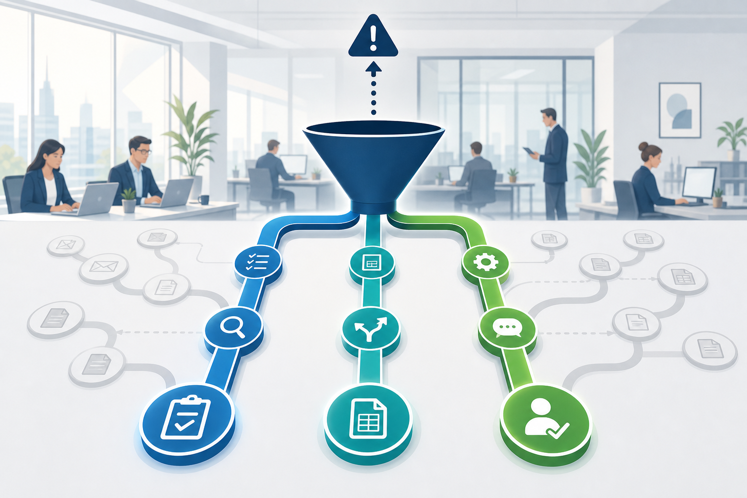 A modern illustration of a CPA firm's month-end close process with three highlighted workflow paths in blue and green flowing through a central decision node.