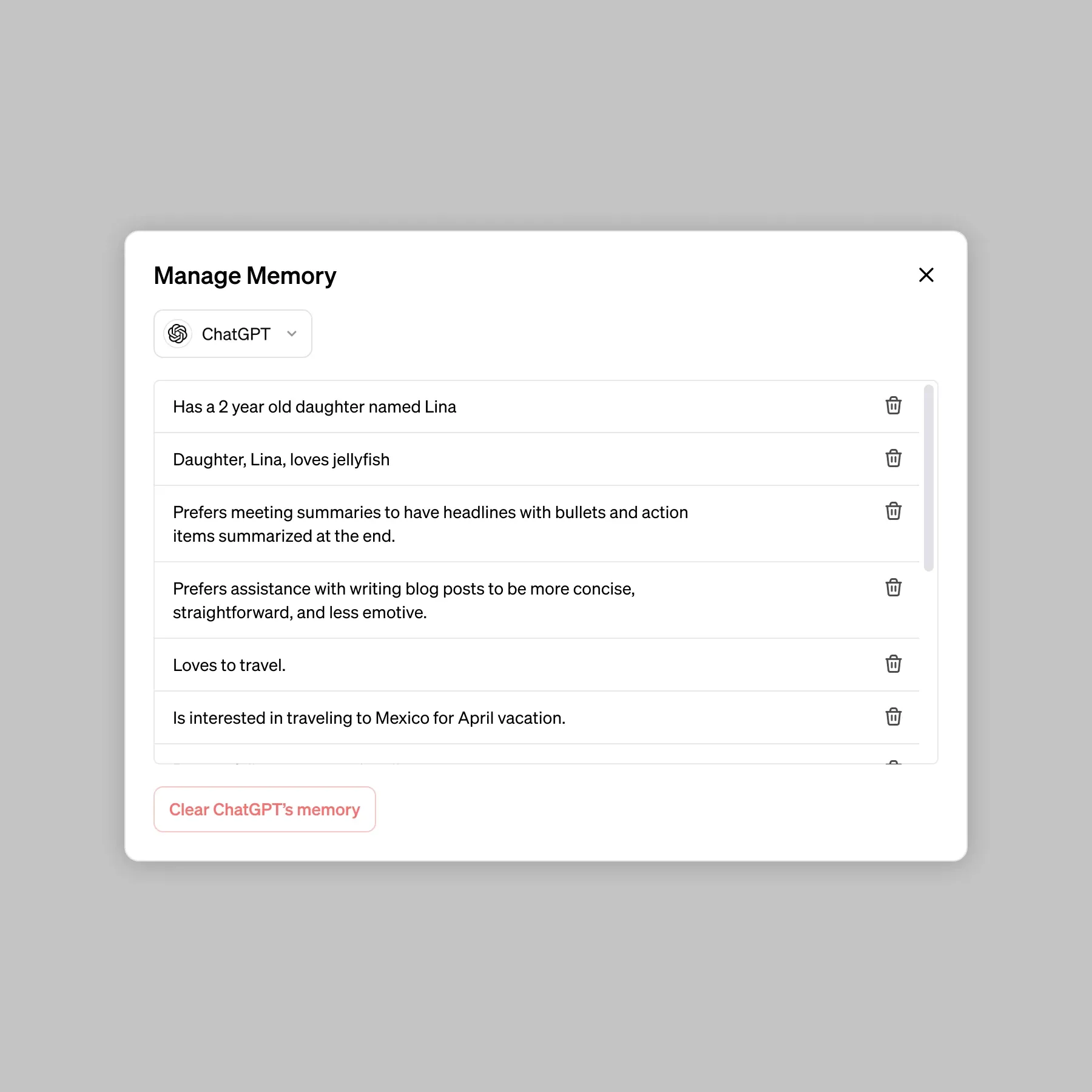 ChatGPT memory management interface showing saved memories and controls