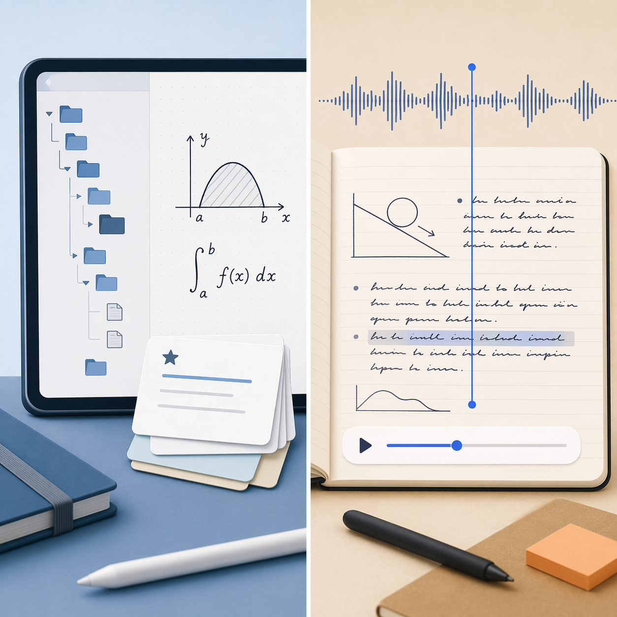 GoodNotes study folders and flashcards contrasted with Notability handwritten notes synced to audio playback