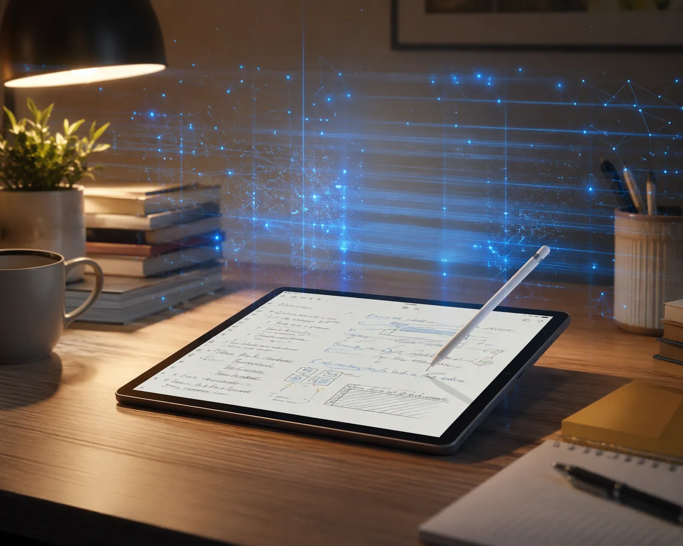 iPad with handwritten digital notes and abstract background indexing activity
