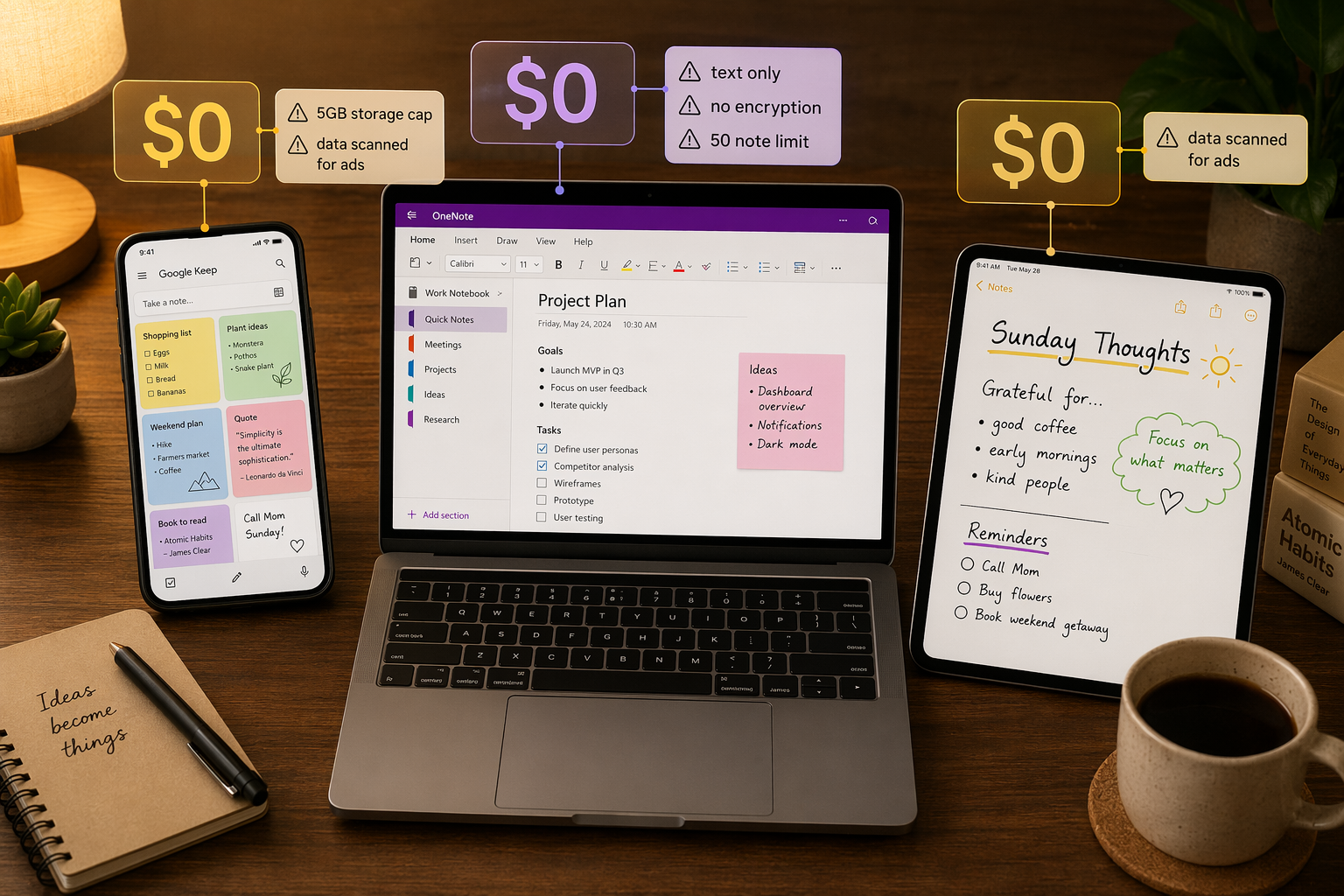 A flat-lay composition on a wooden desk showing a smartphone with Google Keep, a laptop with Microsoft OneNote, and a tablet with Apple Notes. Transparent '$0' price tags float above the devices with small annotation callouts reading '5GB storage cap', 'text only', 'no encryption', '50 note limit', and 'data scanned for ads'.