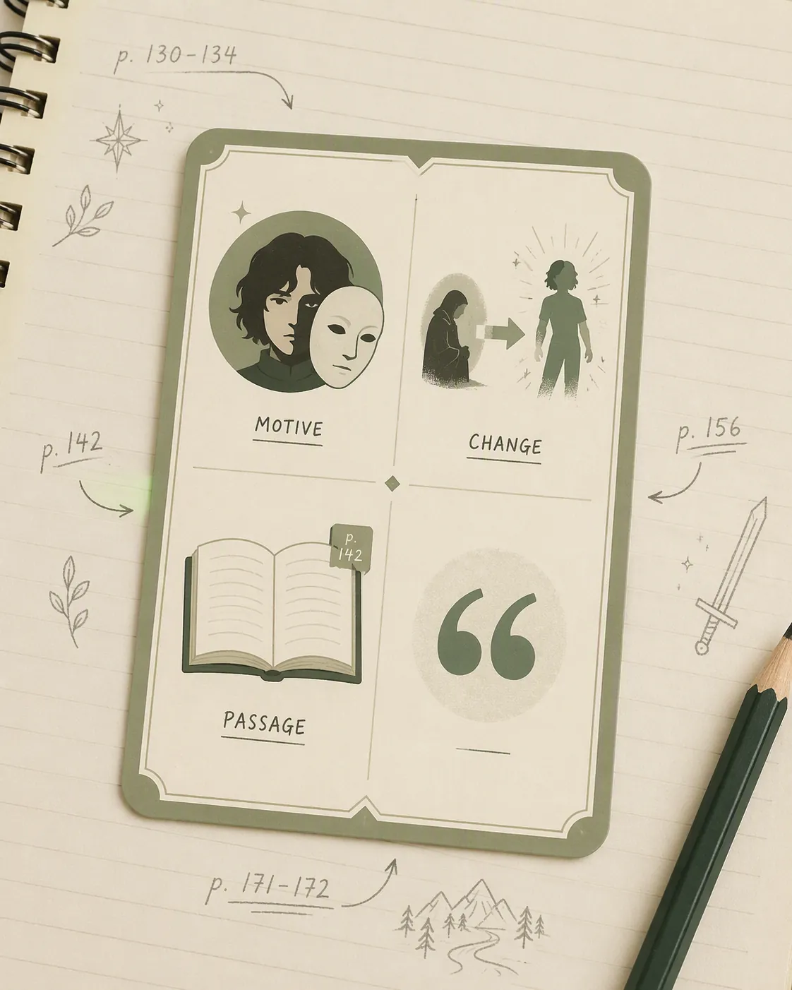 Character card organized around motive, change, supporting passages, and quotations