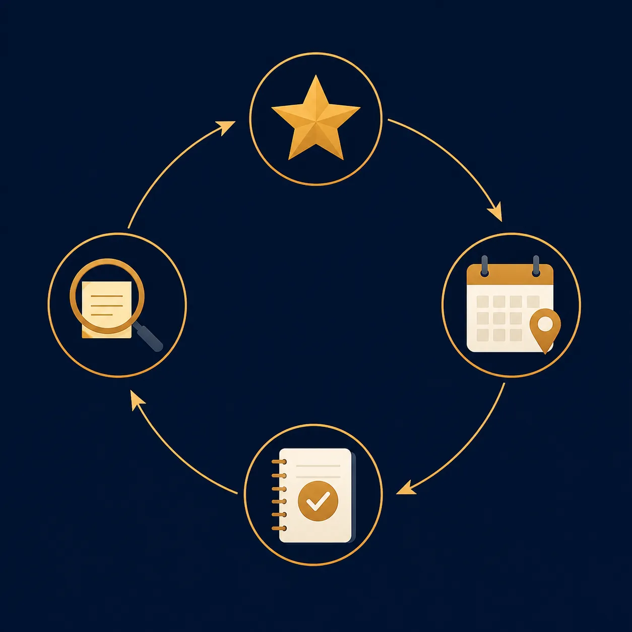 Circular four-step loop connecting a star, calendar pin, notebook checkmark, and magnifying glass over a note