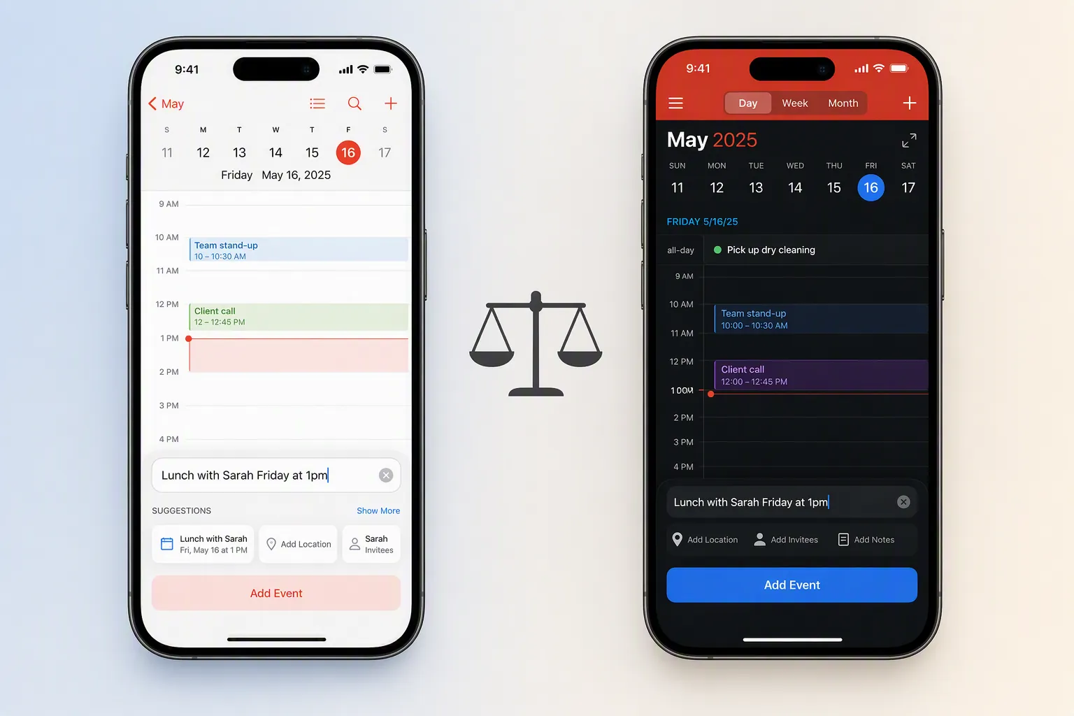 Two iPhone calendar interfaces compared with a balance scale between them