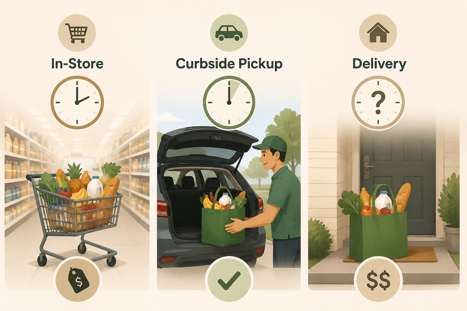 Three-panel comparison of in-store grocery shopping, curbside pickup, and grocery delivery