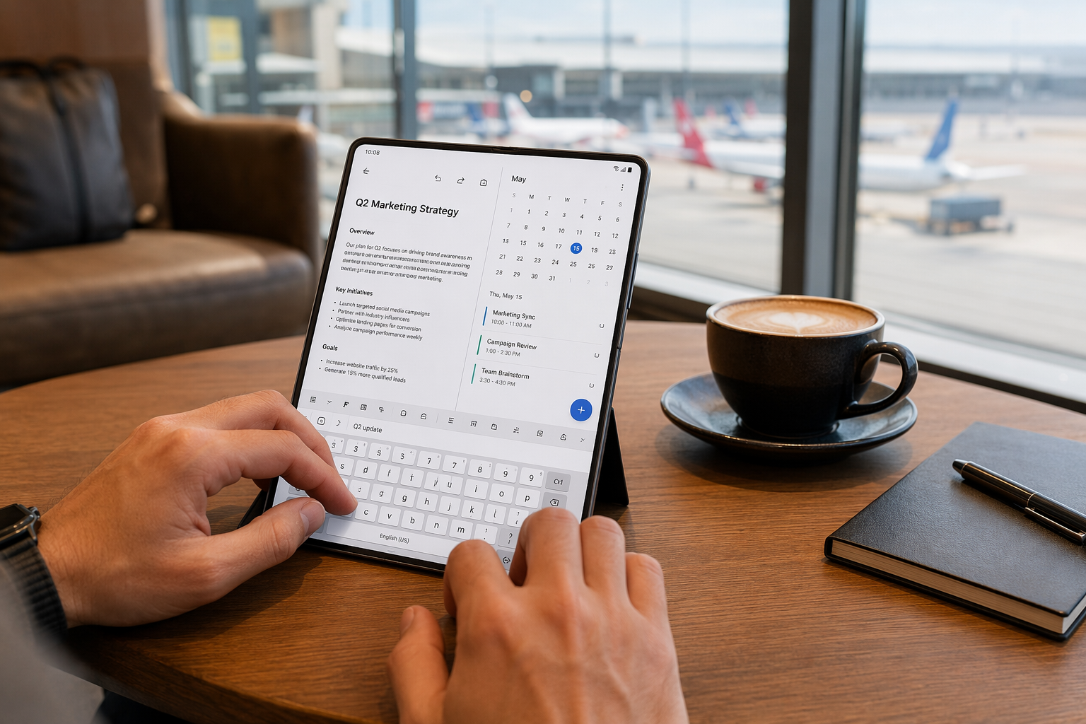 Open foldable smartphone on an airport lounge table showing documents and a calendar