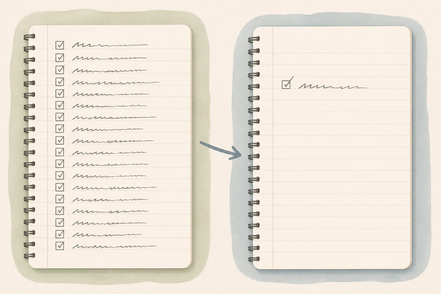 Two notebook pages showing a full daily routine and a deliberately scaled-back version with one short line