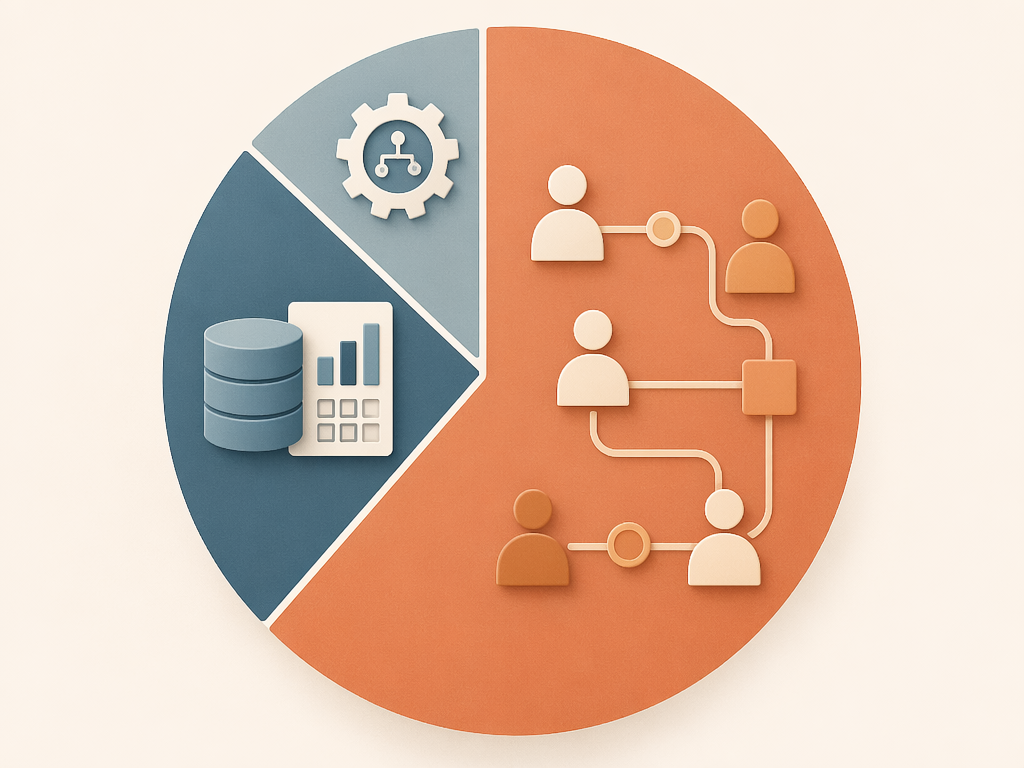 Proportional visualization of AI value showing a small algorithms segment, medium technology and data segment, and large people and process segment