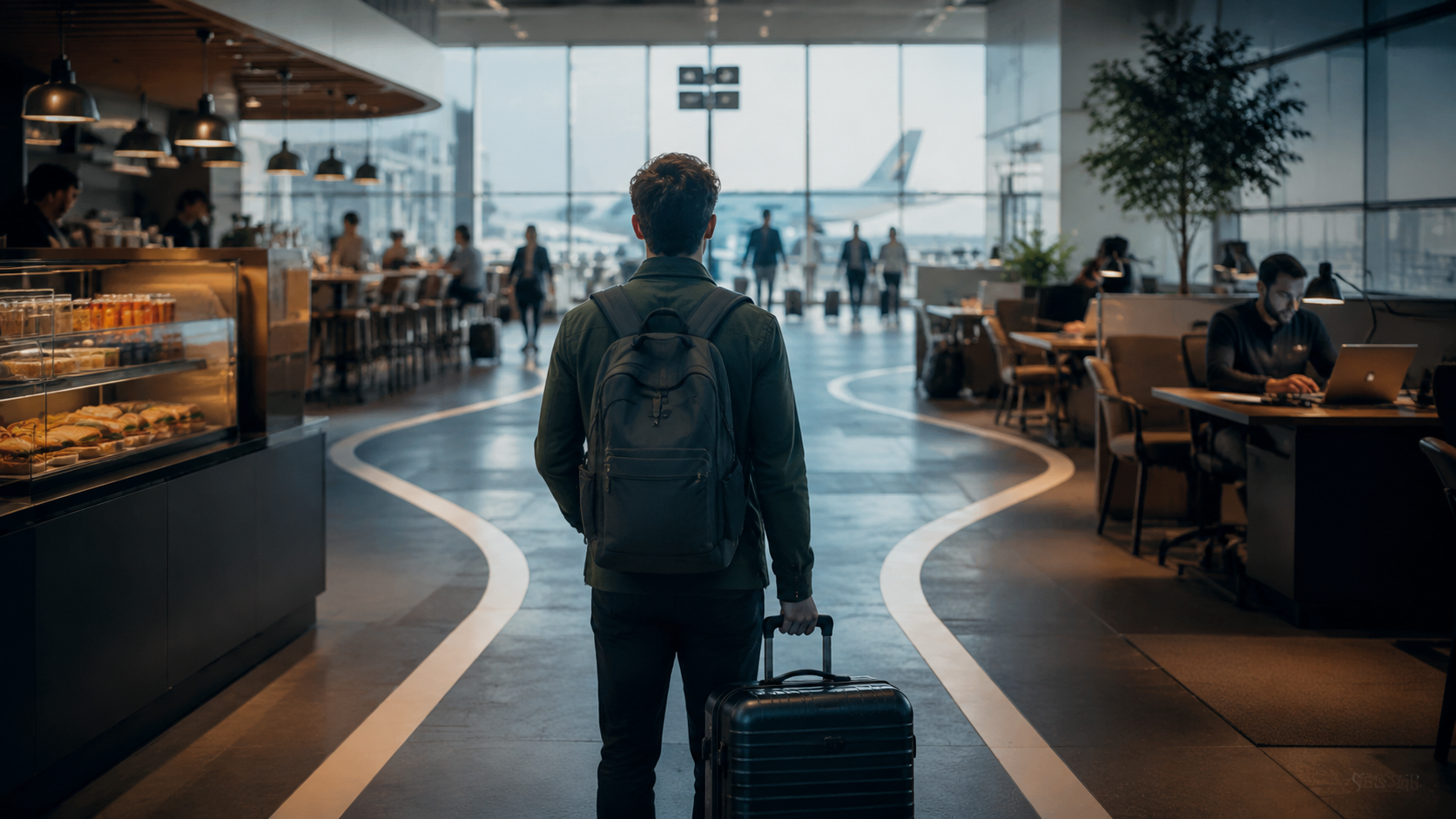 Split view of an airport grab-and-go area and a quieter laptop workspace