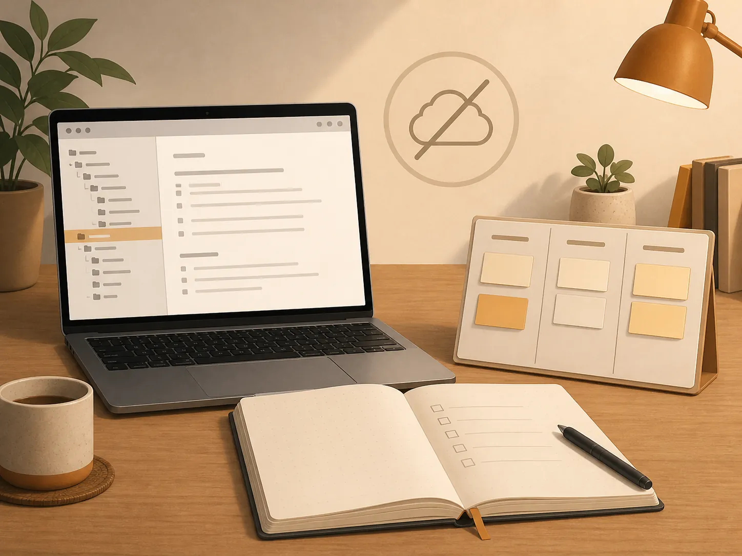 Laptop with a local notes vault, notebook checkboxes, and a task board while cloud access is unavailable