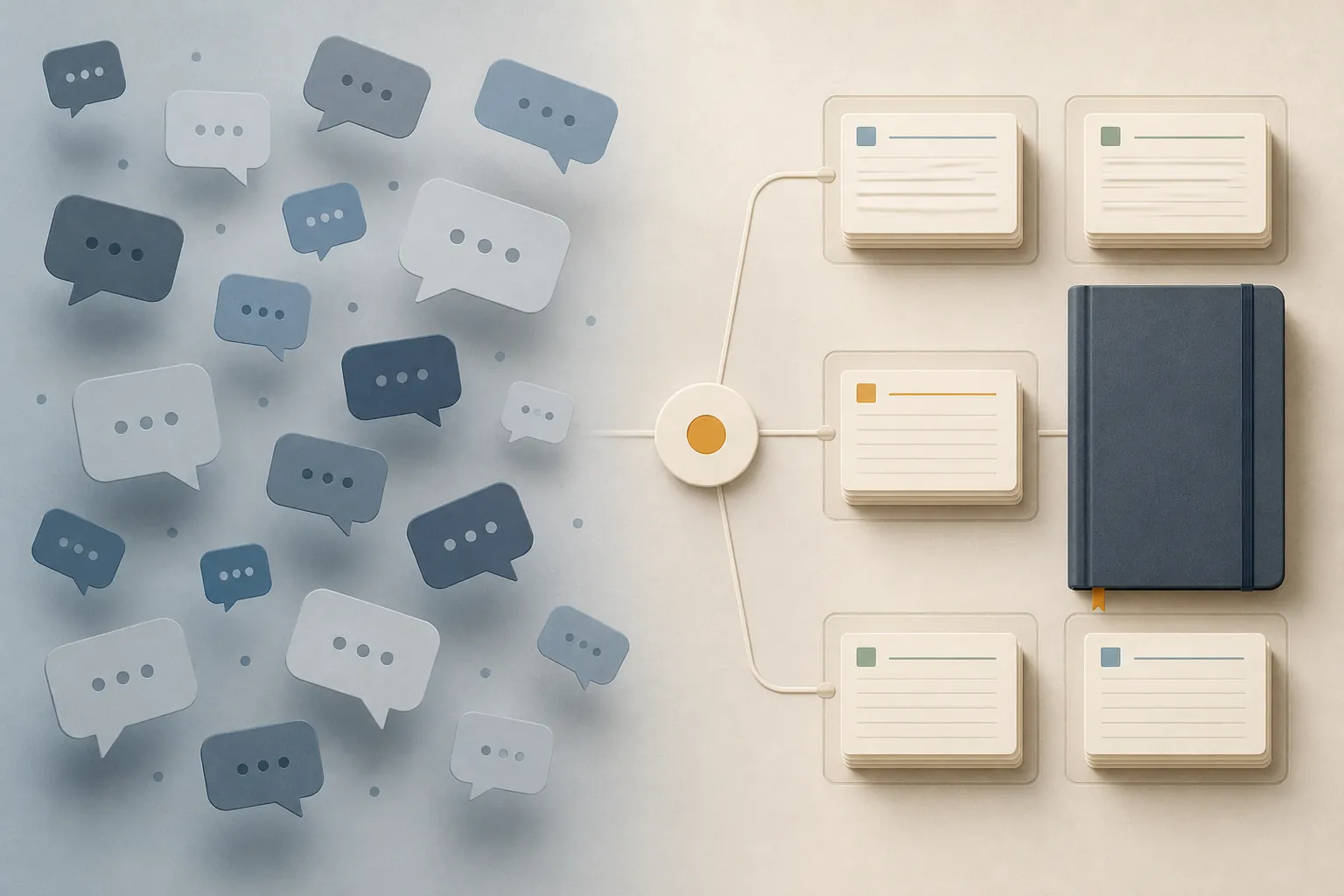 Scattered chat bubbles contrasted with an organized archive of notes and a central hub