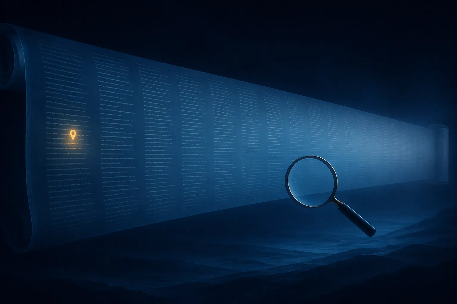 A long glowing scroll with a small marker pin and a magnifying glass hovering over the wrong area