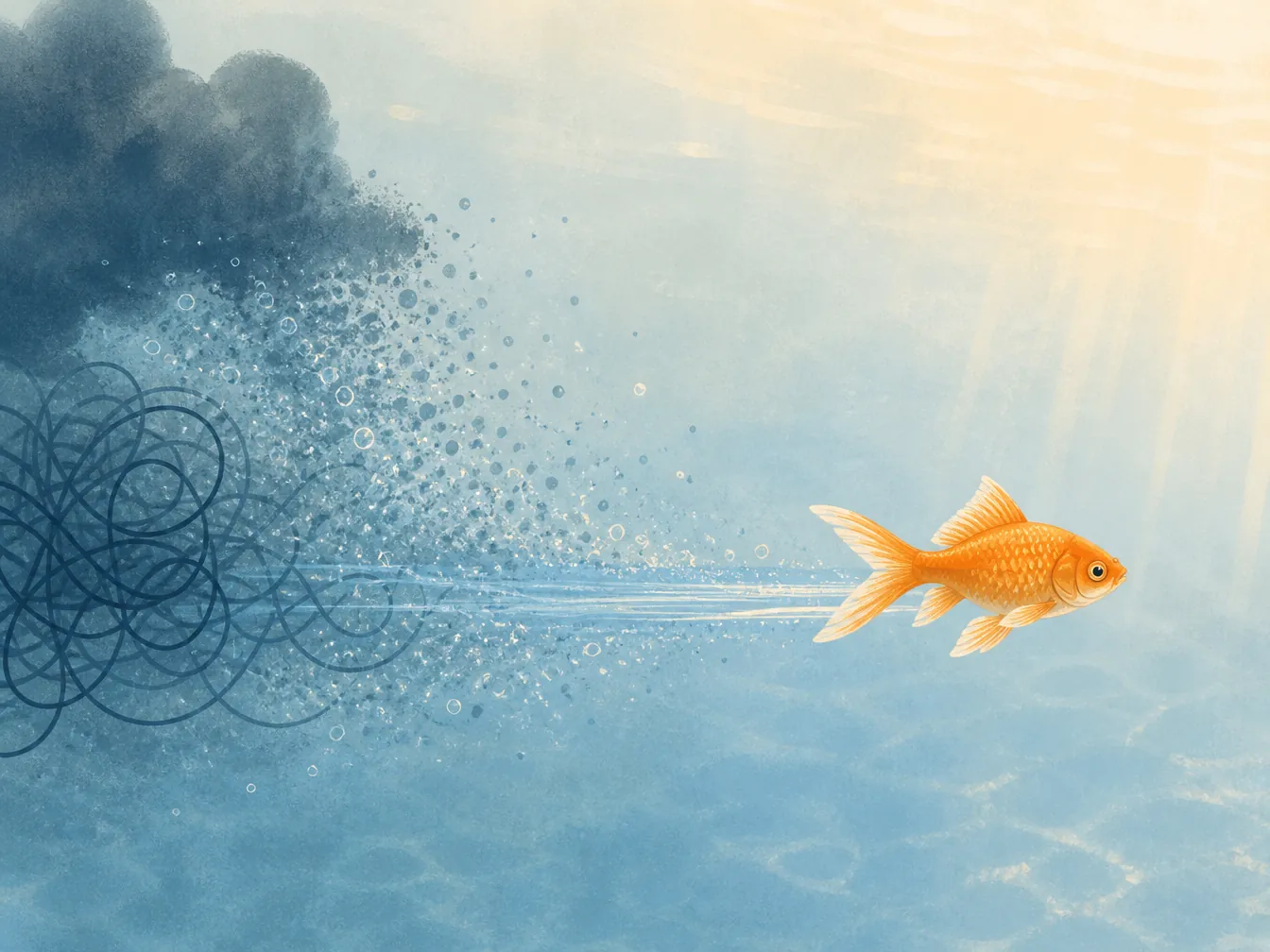 Orange goldfish swimming forward as a tangled loop and small storm cloud dissolve behind it