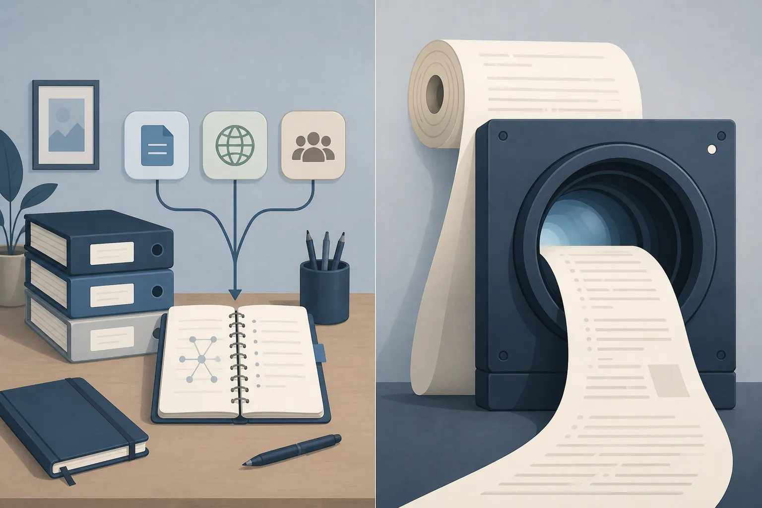Split illustration contrasting organized project folders and memory controls with a huge scroll passing through a wide lens