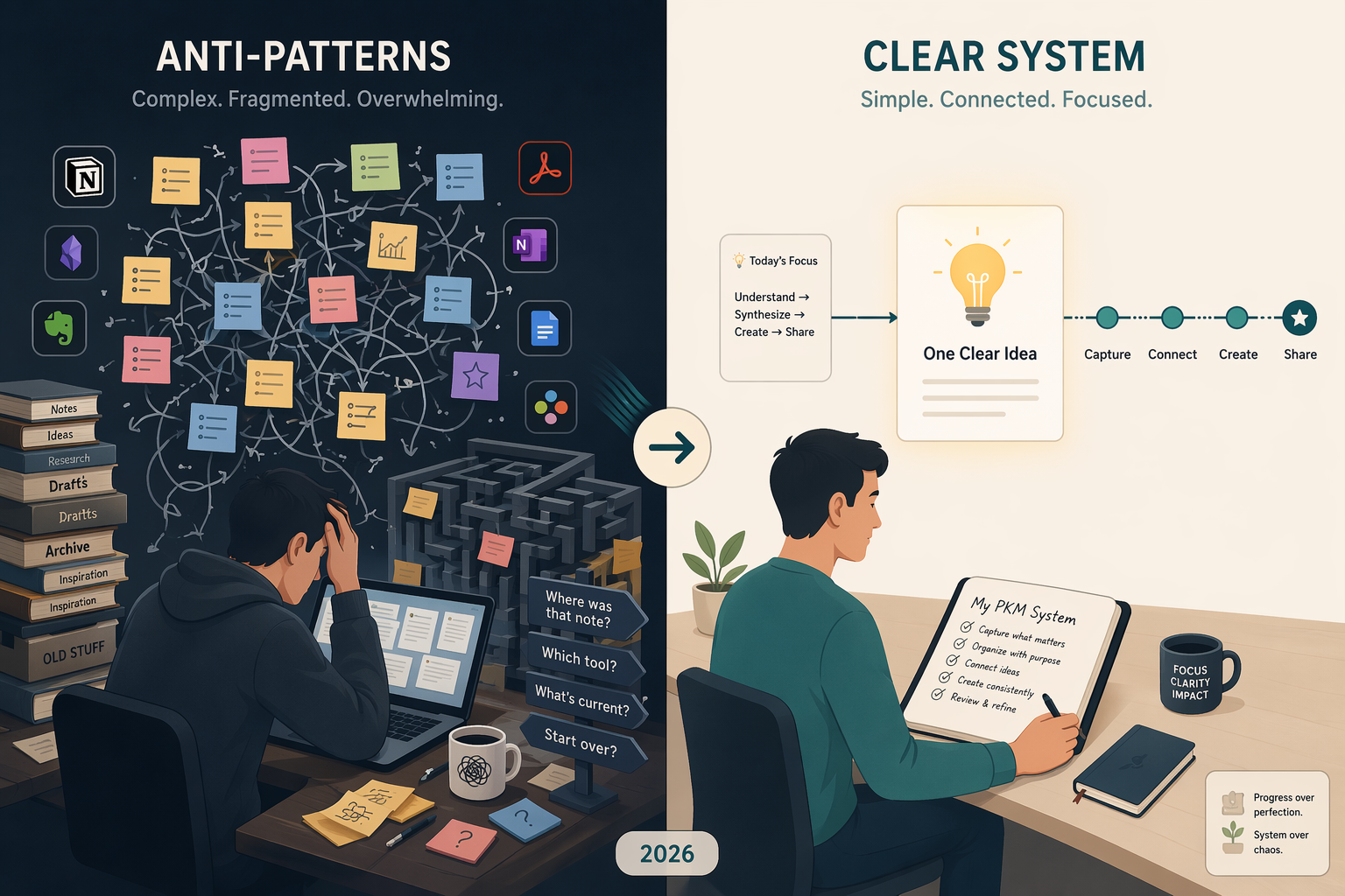 Split-screen illustration comparing a cluttered, tangled PKM system on the left with a clean, minimal working system on the right.