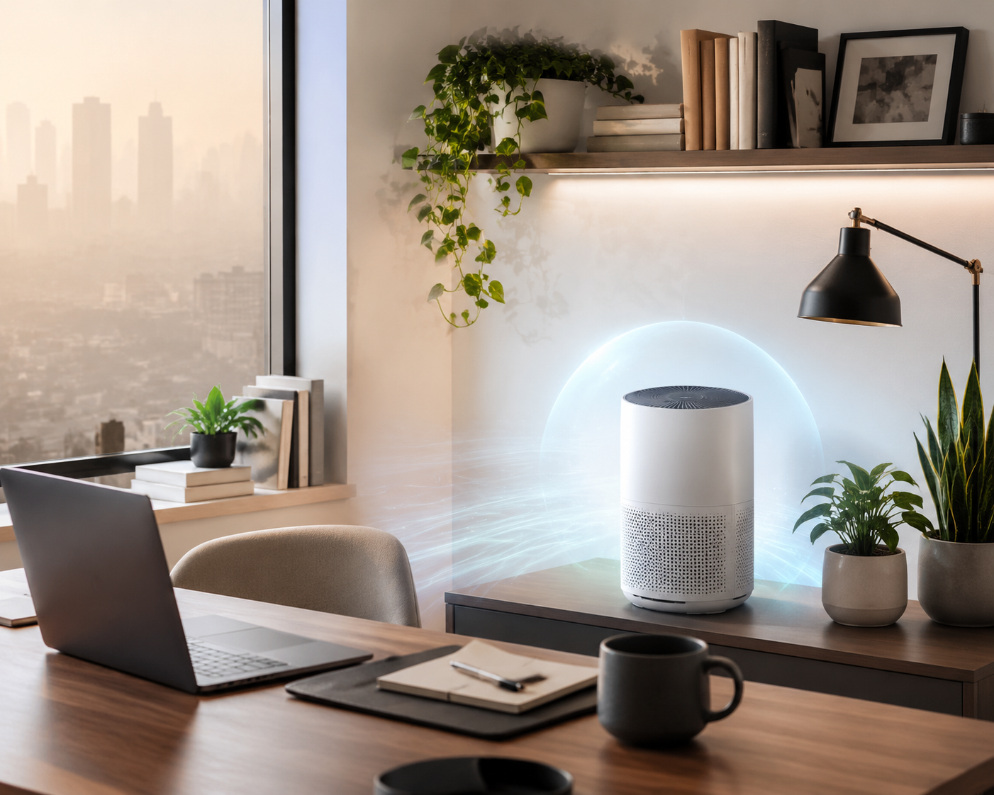 A clean home office with a HEPA air purifier, laptop, plants, and hazy outdoor conditions beyond the window