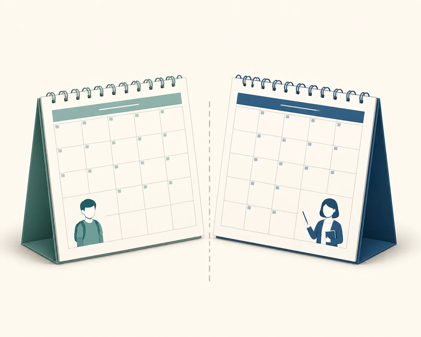 Separate student and teacher calendar pages illustrating role-specific school dates
