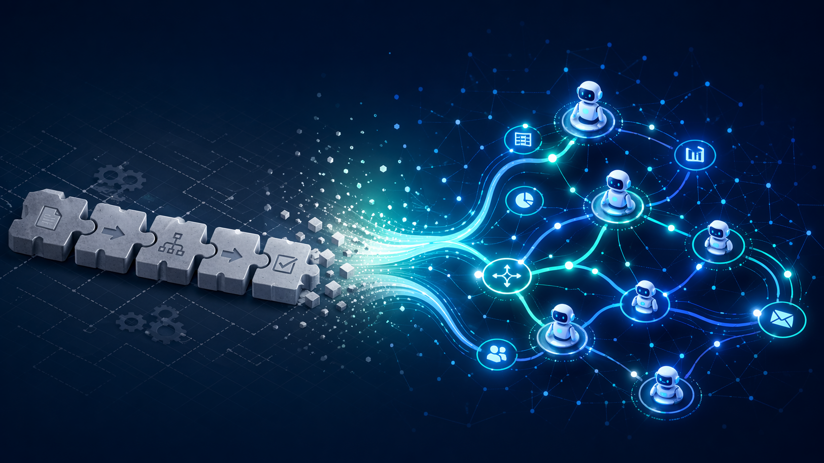 Split illustration showing the evolution from rigid puzzle-piece connectors to glowing neural network nodes and AI agents.