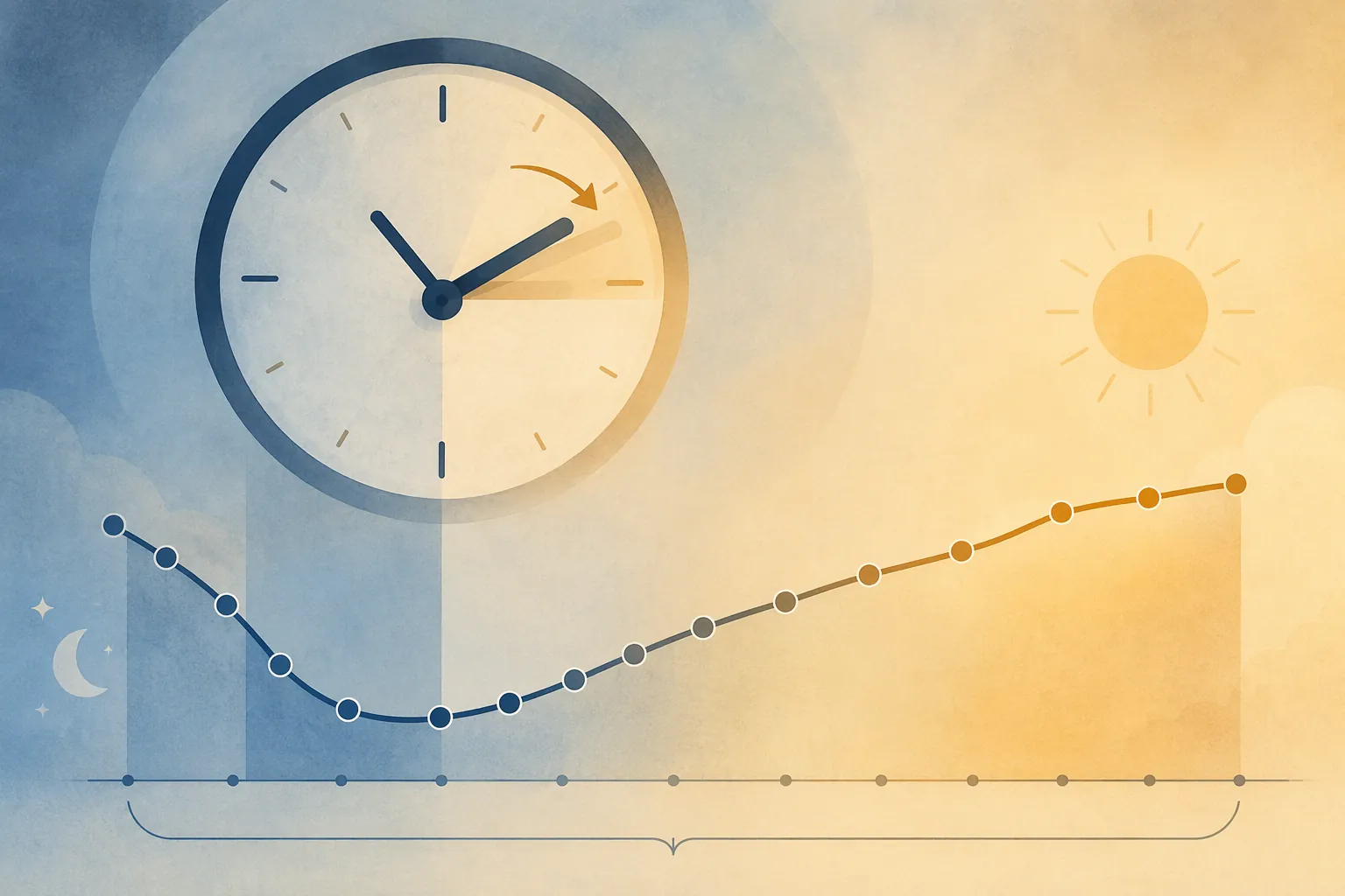 Abstract clock springing forward with a productivity line dipping in the early morning and recovering over two weeks