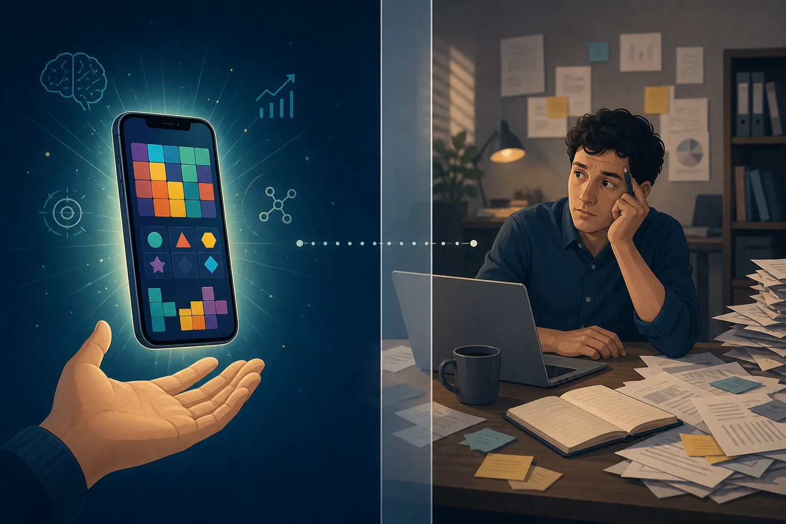 Smartphone brain-training puzzle contrasted with a cluttered desk and distracted worker