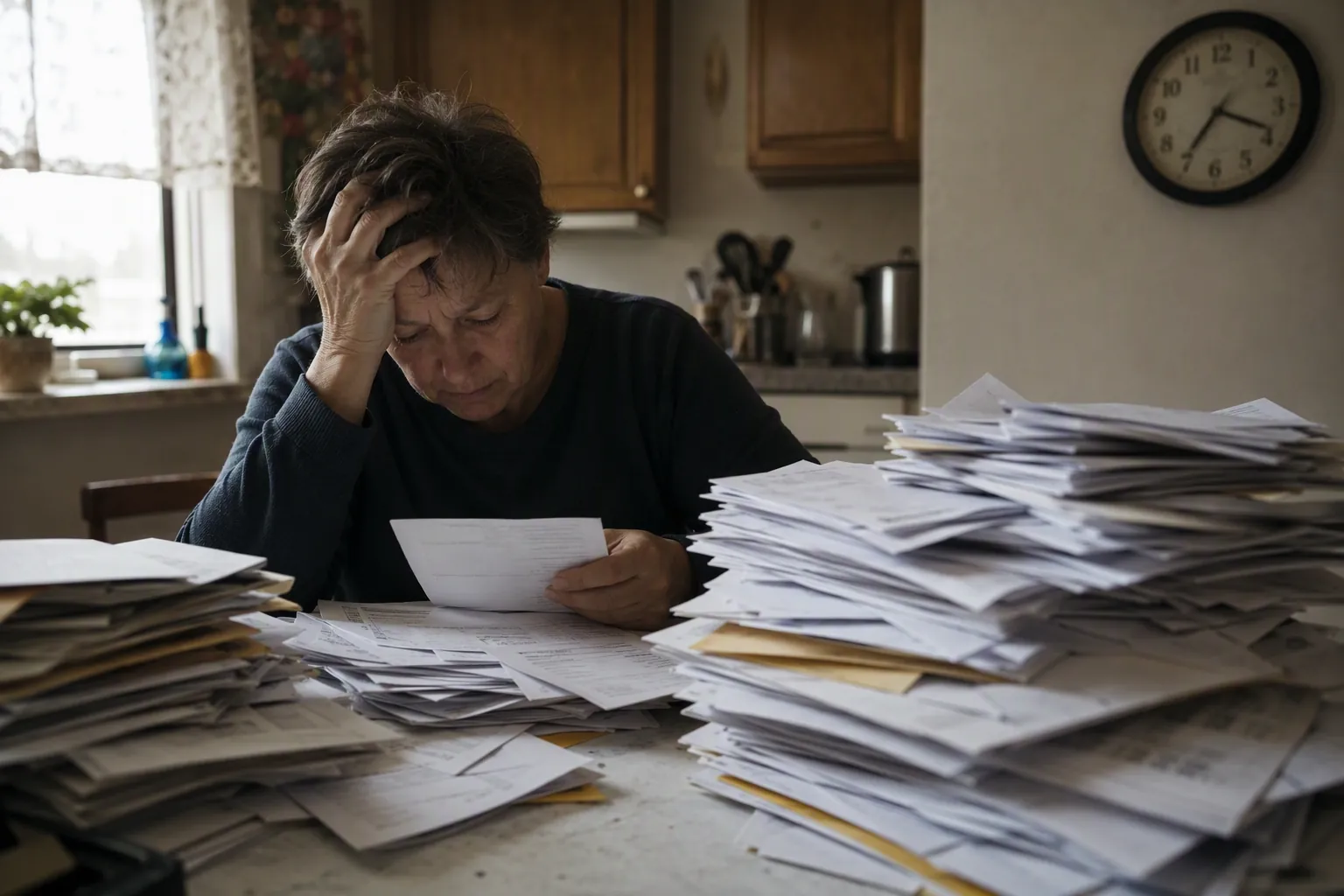 A tired person surrounded by government benefit forms and envelopes at a kitchen table