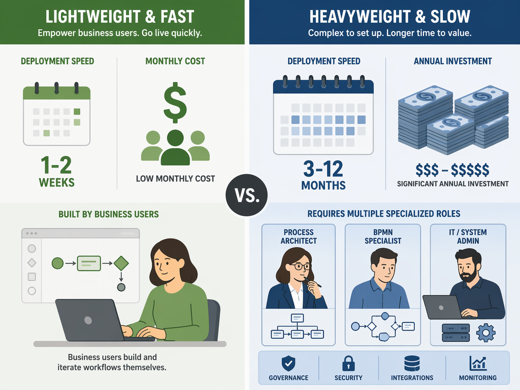 Comparison of low-code BPM deployment and cost with traditional BPM implementation and specialist roles