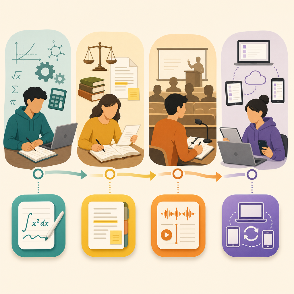 A flat vector editorial illustration showing four academic disciplines as icons paired with app icons: STEM with Nebo, law/liberal arts with GoodNotes, lecture-heavy humanities with Notability, and cross-platform budget with OneNote.