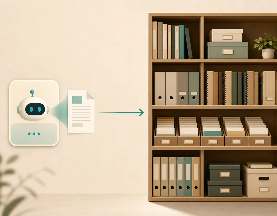 An AI assistant panel sending a document into an organized archive of notebooks and folders