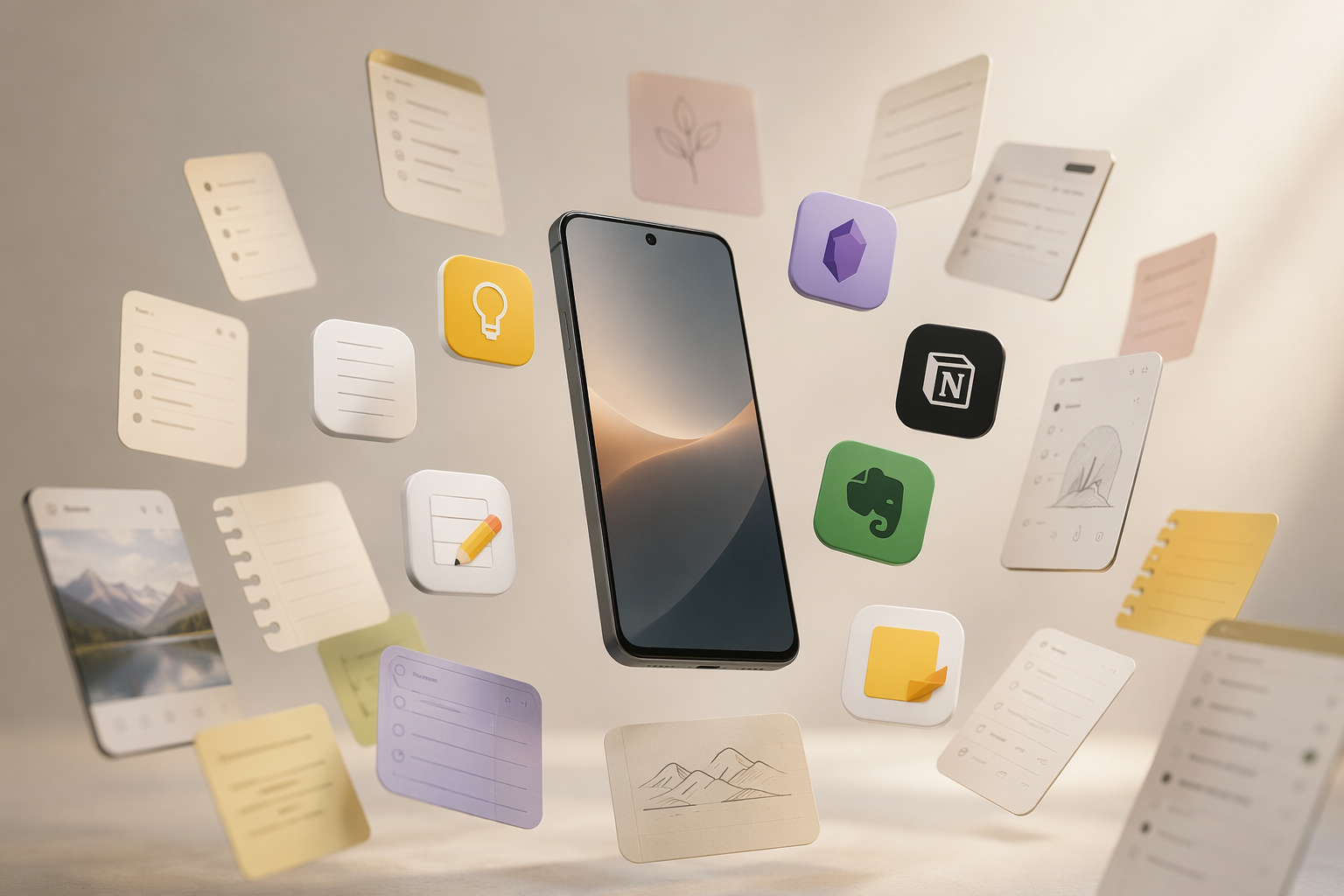 Android phone surrounded by multiple note-taking app screens and icons