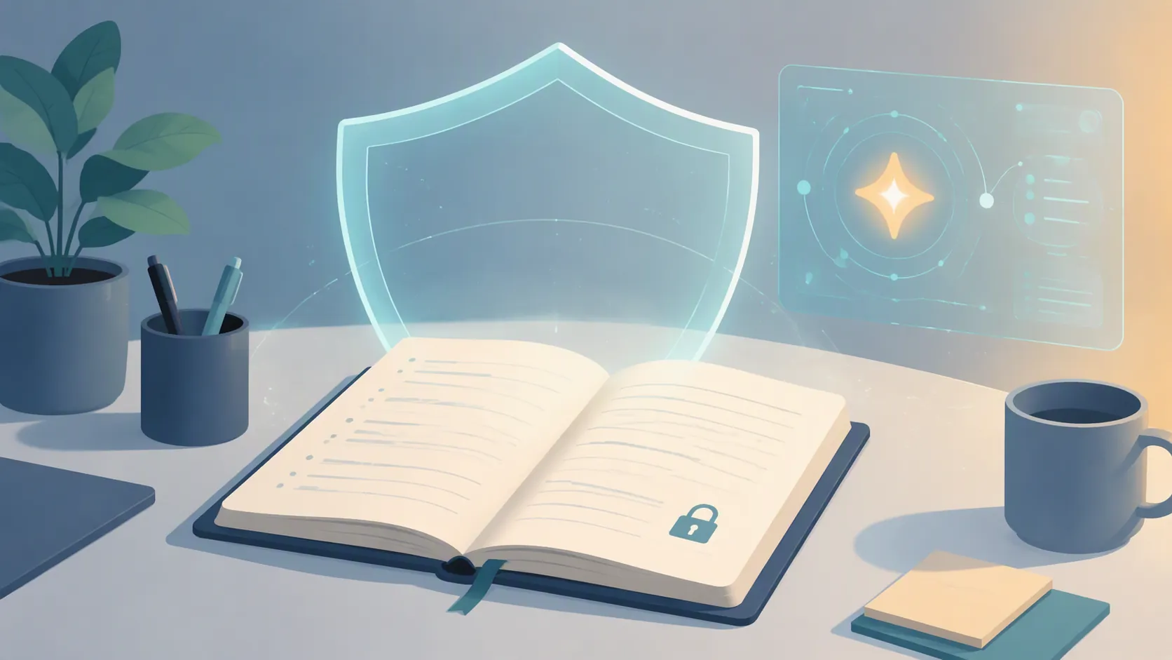 An open notebook with a padlock, AI symbol, and protective shield on a desk