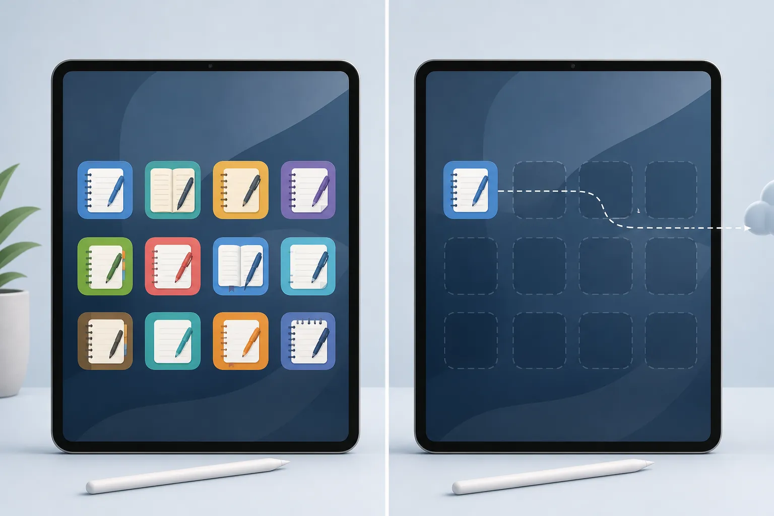 Two tablets side by side contrasting a full note app ecosystem with a mostly empty app grid