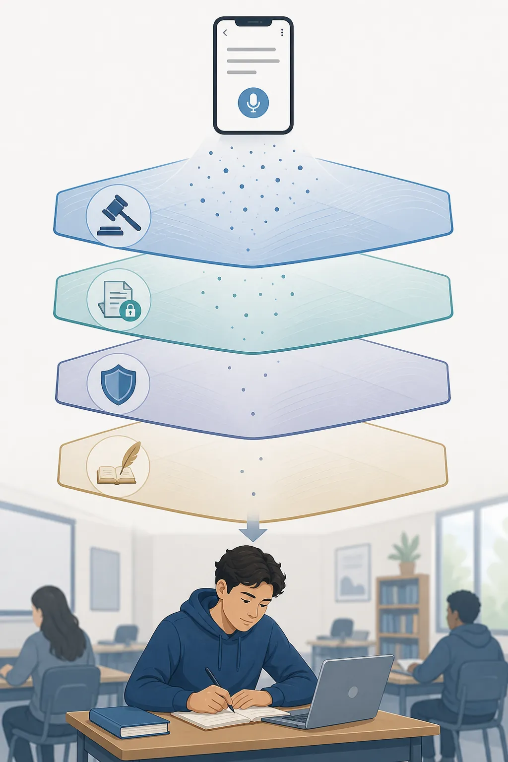 Four policy layers filtering an AI note-taking app before it reaches a classroom