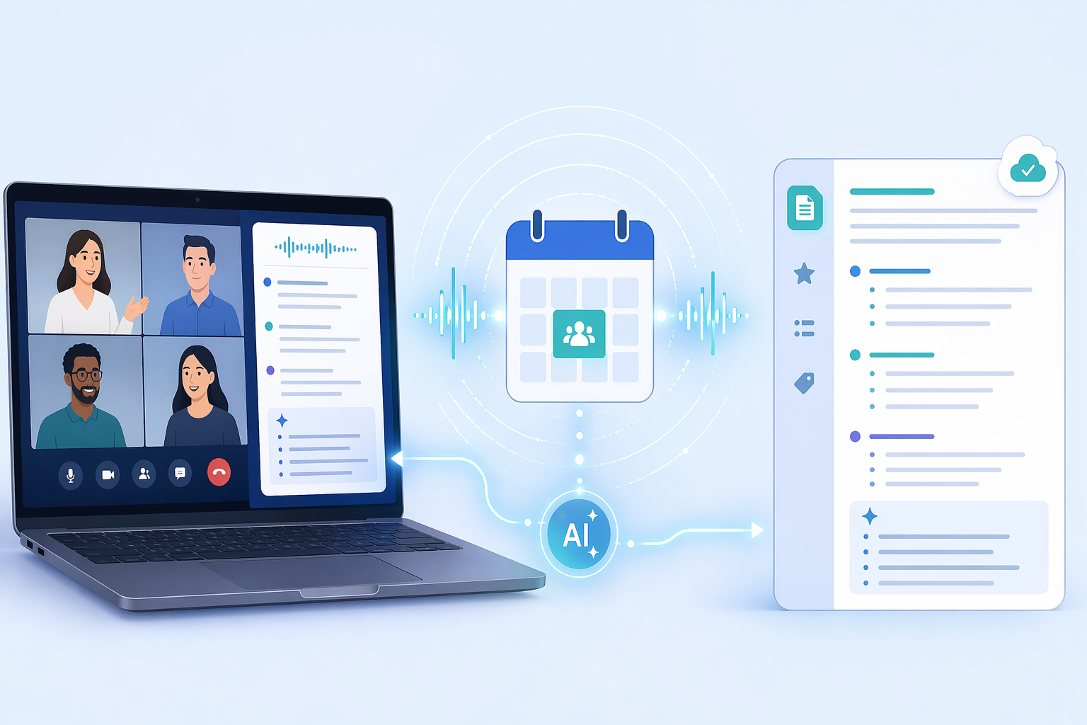 A conceptual illustration showing AI-powered meeting note capture: sound waves emanate from a calendar icon toward a video call interface on a laptop, with an abstract transcription panel appearing to the right. A notes app icon receives the captured notes. Soft blue and teal connection lines tie the workflow together.