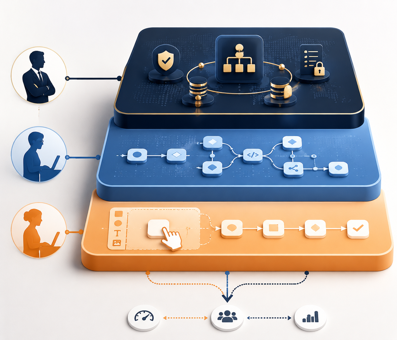 Three ascending tiers showing no-code, developer-friendly, and enterprise workflow tools