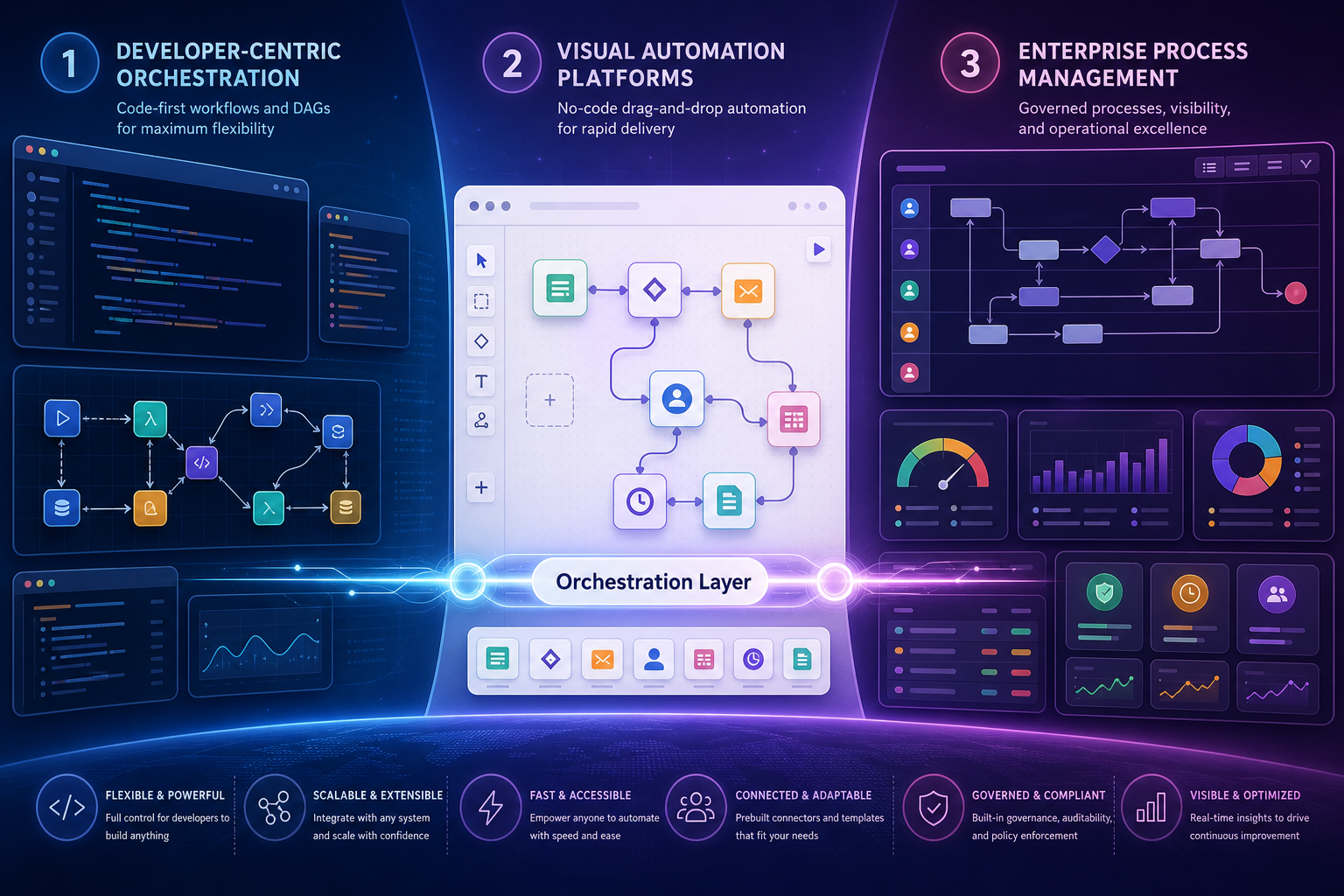 Split-hemisphere editorial infographic showing three orchestration tool categories on a blue-to-purple gradient canvas.